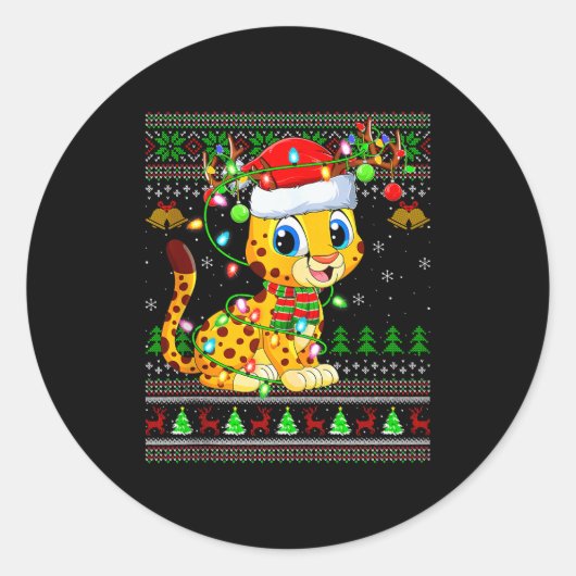 Cheetah Ugly Christmas Sweaters Holiday Santa Cute Ronde Sticker (Voorkant)
