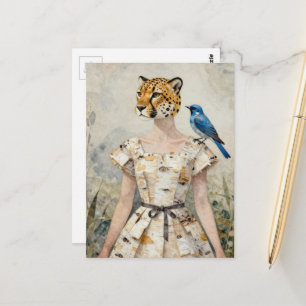 Cheetahvrouw in een berkenbastjurk Mode Briefkaart