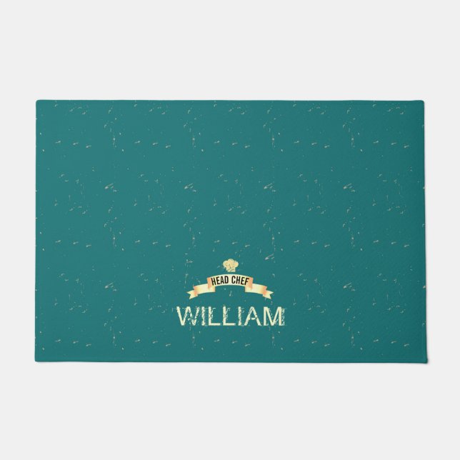 Chef blauwgroen naam Door Mat (Voorkant)