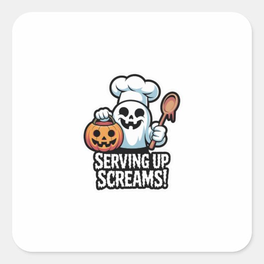 Chef Boo – Spooky Cute Halloween Ghost Spoon Vierkante Sticker (Voorkant)