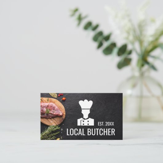 Chef Butcher Logo | Biefstuk op houten Visitekaart Visitekaartje (Staand voorkant)