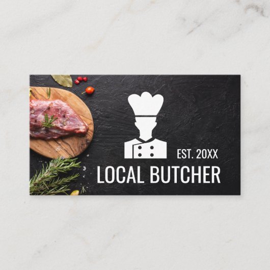Chef Butcher Logo | Biefstuk op houten Visitekaart Visitekaartje (Voorkant)