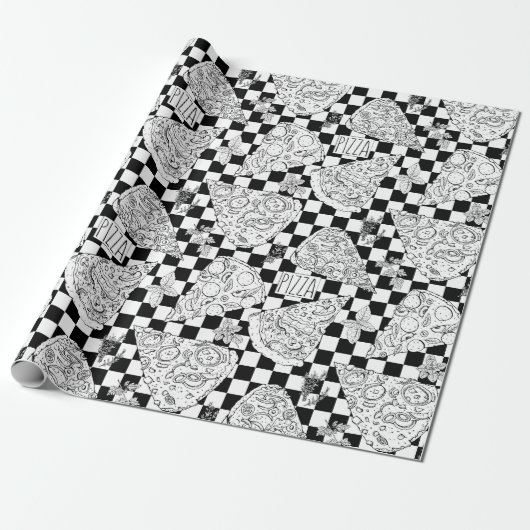 Chef Checkerboard Zwart Wit Pizza Patroon Cadeaupapier (Uitgerold)