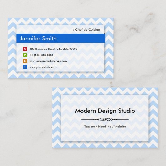 Chef de Cuisine - Modern Blue Chevron Visitekaartje (Voorkant / Achterkant)