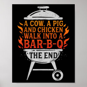 Chef Een Koe Een varken en een kip lopen een BBQ-b Poster