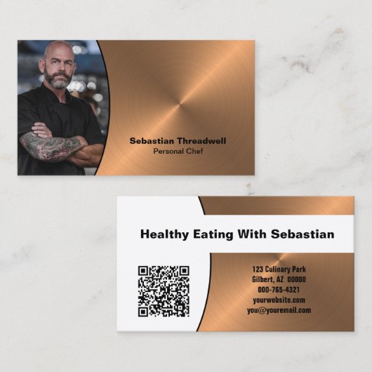Chef Faux Copper Professional Photo QR Code  Visitekaartje (Voorkant / Achterkant)
