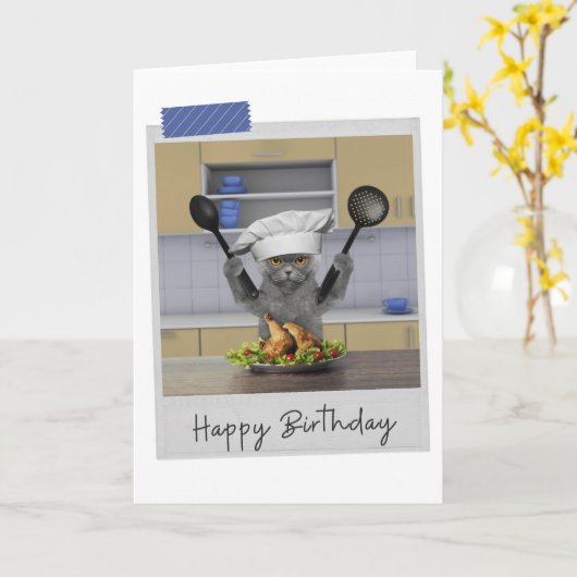Chef Grey Cat Funny Birthday Card Kaart (Gele Bloem)