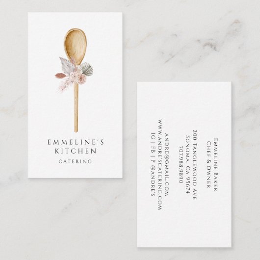 Chef houten lepel met bloemencatering visitekaartje (Voorkant / Achterkant)