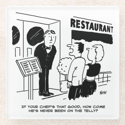 Chef in Restaurant niet op Cartoon Glazen Onderzetter (Voorkant)