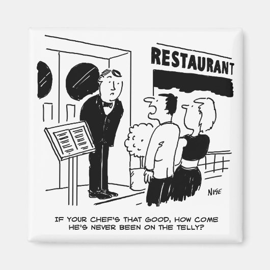 Chef in Restaurant niet op Cartoon Magneet (Voorkant)