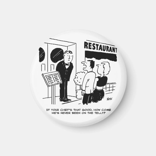 Chef in Restaurant niet op Cartoon Magneet (Voorkant)