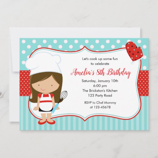 Chef Invitations (Girl Blauwgroen Red) bakdag Kaart (Voorkant)