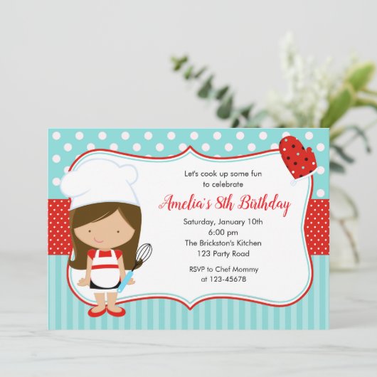 Chef Invitations (Girl Blauwgroen Red) bakdag Kaart (Staand voorkant)
