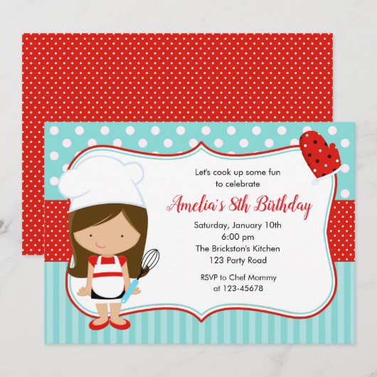 Chef Invitations (Girl Blauwgroen Red) bakdag Kaart (Voorkant / Achterkant)