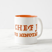 Chef J de Minotaur met tekst Tweekleurige Koffiemok (Voorkant rechts)