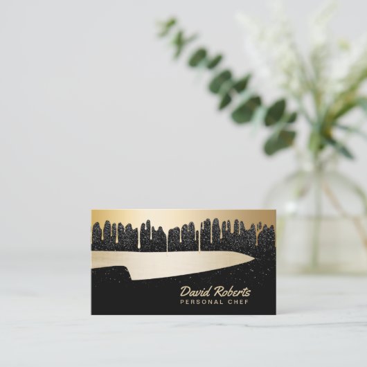 Chef Knife Catering Restaurant Modern Black & Gold Visitekaartje (Staand voorkant)