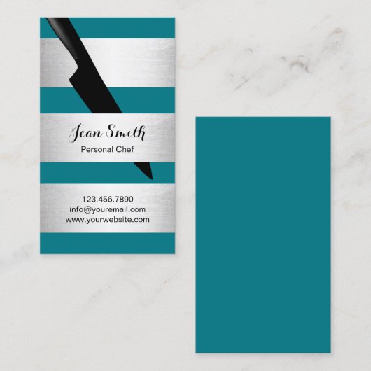 Chef Knife Modern Silver & Blauwgroen Stripes Cate Visitekaartje (Voorkant / Achterkant)