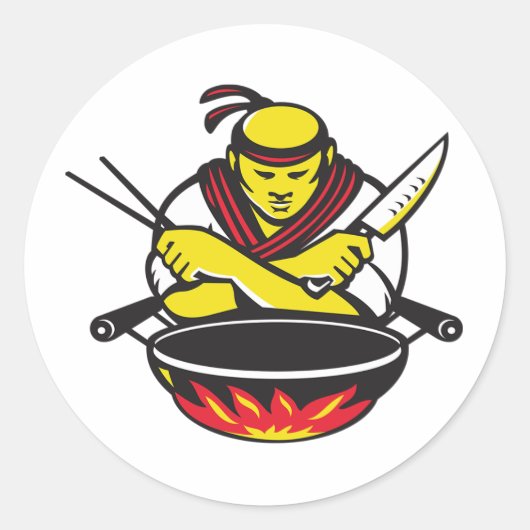 Chef-kok en een wok ronde sticker (Voorkant)