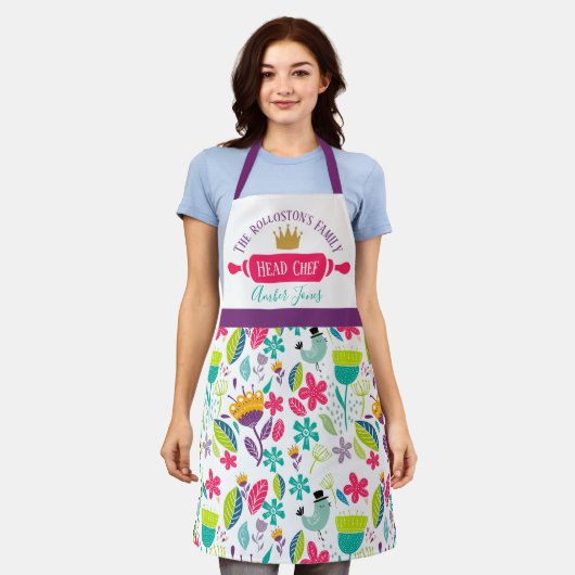 chef - kok folk scandi - florale vogels fel gekleu schort (Gedragen)