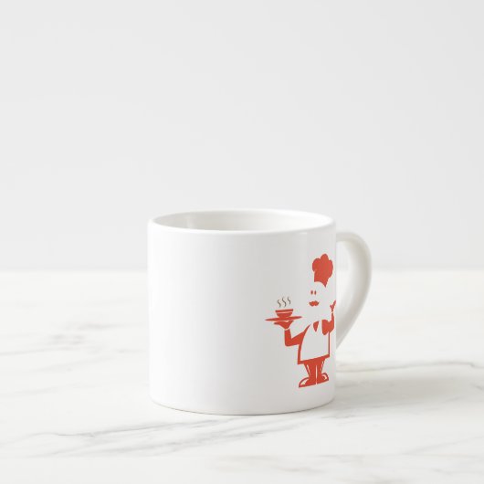 Chef-kok met een kom soep espresso kop (Voorkant rechts)