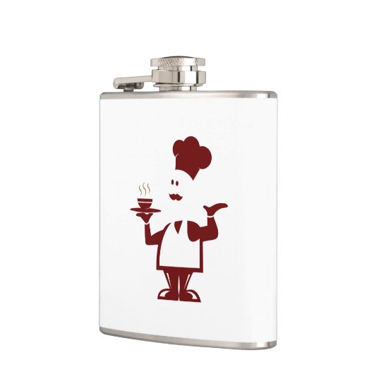 Chef-kok met een kom soep heupfles (Links)