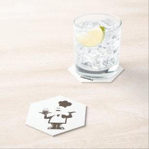 Chef-kok met een kom soep kartonnen onderzetters