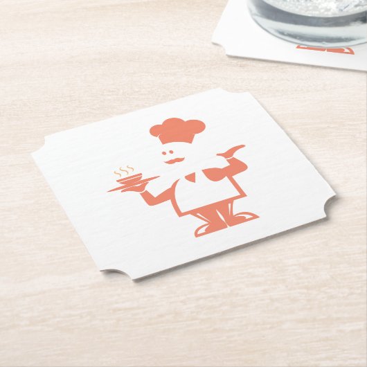 Chef-kok met een kom soep kartonnen onderzetters (Gekanteld)