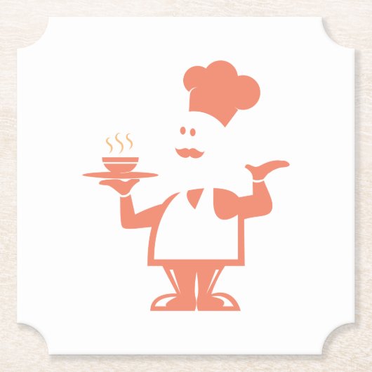 Chef-kok met een kom soep kartonnen onderzetters (Voorkant)
