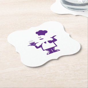 Chef-kok met een kom soep kartonnen onderzetters