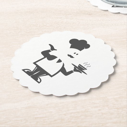 Chef-kok met een kom soep kartonnen onderzetters (Gekanteld)