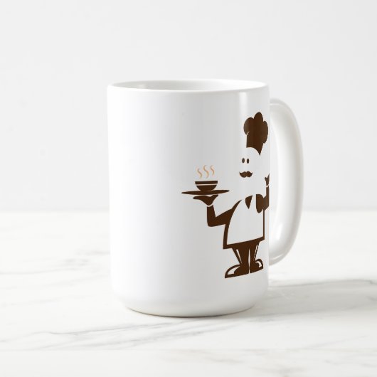 Chef-kok met een kom soep koffiemok (Voorkant rechts)