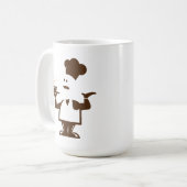 Chef-kok met een kom soep koffiemok (Voorkant links)