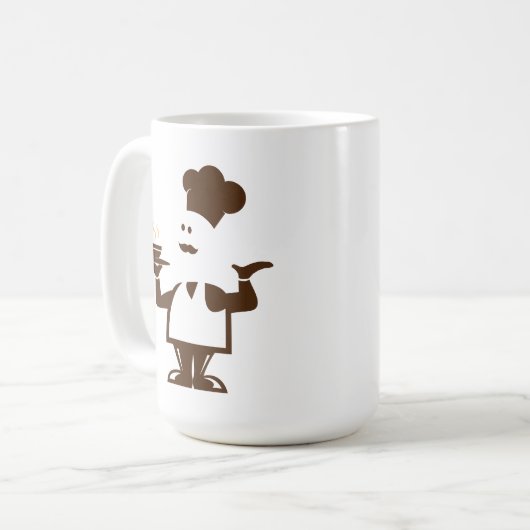 Chef-kok met een kom soep koffiemok (Voorkant links)