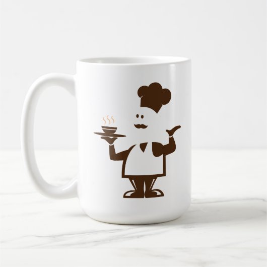Chef-kok met een kom soep koffiemok (Links)