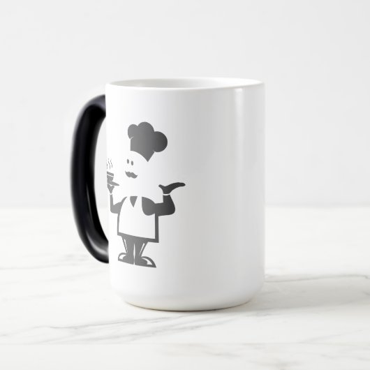 Chef-kok met een kom soep magische mok (Voorkant links)