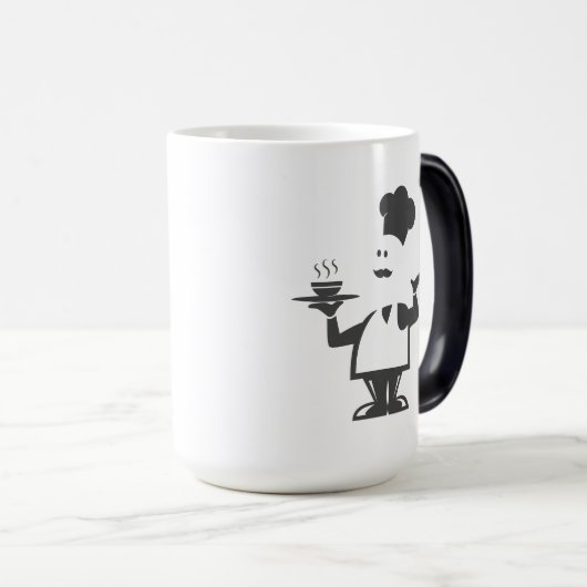 Chef-kok met een kom soep magische mok (Voorkant rechts)