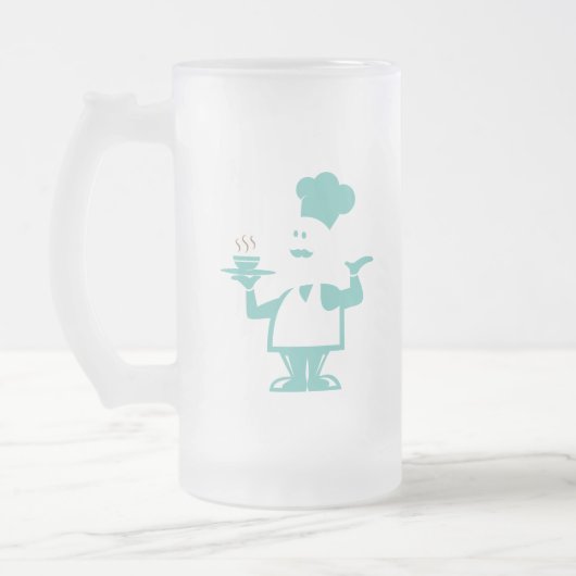 Chef-kok met een kom soep matglas bierpul (Links)