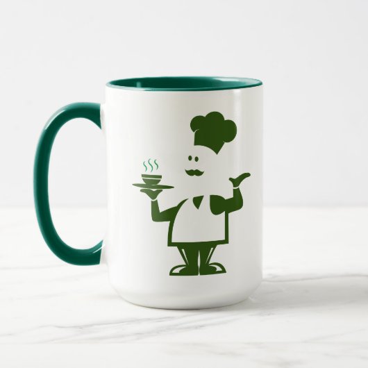 Chef-kok met een kom soep mok (Links)