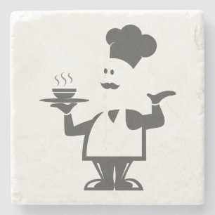 Chef-kok met een kom soep stenen onderzetter