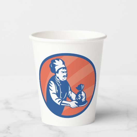 Chef-kok met geldzak Restaurant Finance Papieren Bekers (Voorkant)