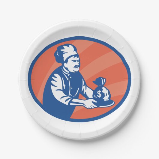 Chef-kok met geldzak Restaurant Finance Papieren Bordje (Voorkant)