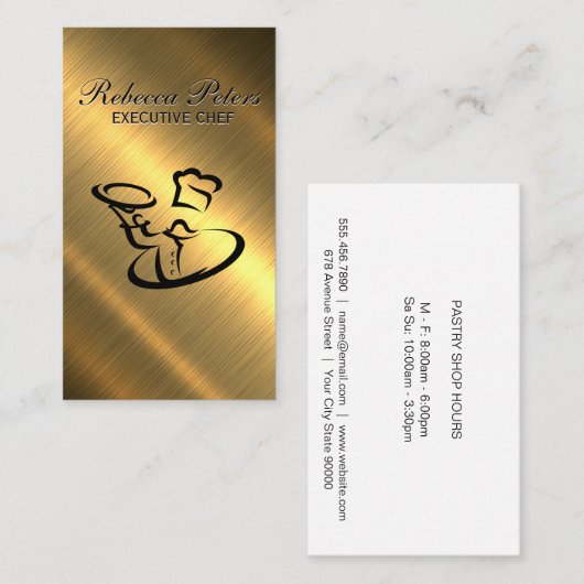 Chef-kok Serveert Eten Logo | Goud Metaal Visitekaartje (Voorkant / Achterkant)