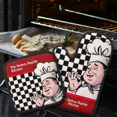 Chef-kok Zwart Wit Checkerboard Rood Familie Keuke Ovenwant & Pannenlap Set