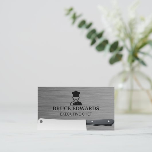 Chef Logo | Metalen slagersmes  Visitekaartje (Staand voorkant)