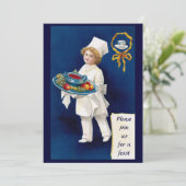 Chef met Tureen van Thanksgiving van soep en vruch Kaart (Staand voorkant)