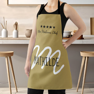 Chef Monogram Goud Zwart Moderne Typografie Naam Schort
