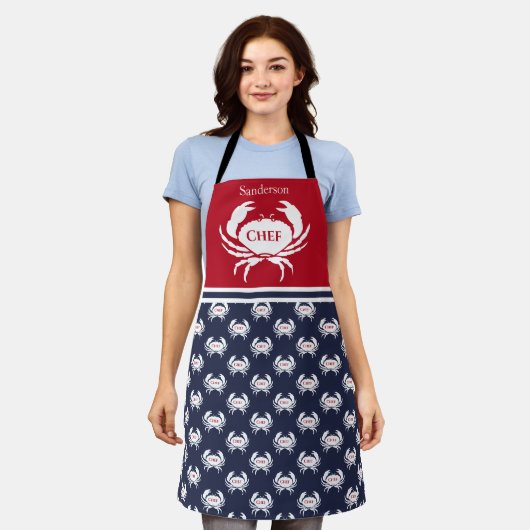 Chef Monogrammed Red White Navy Blue Crab Nautical Schort (Gedragen)