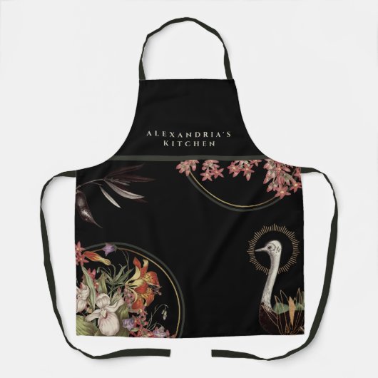 Chef-naam + keuken | Zwarte artistieke Lily Floral Schort (Voorkant)