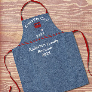 Chef Opa Reünie Blauwe Denim Print Rode Accenten Schort
