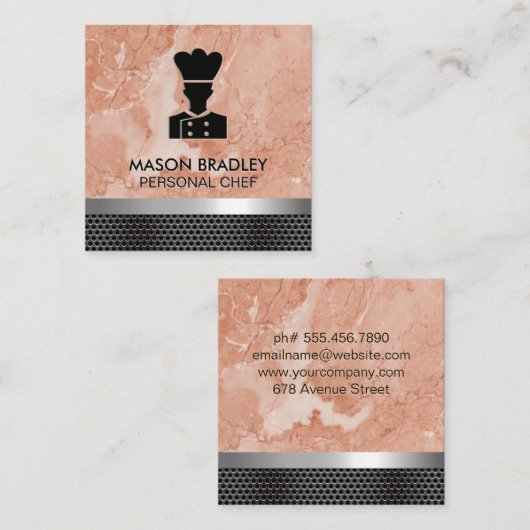 Chef | Oranje marmer | Metaalversiering Vierkante Visitekaartje (Voorkant / Achterkant)